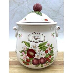 Lenox Ceramic Coffee Canister Orchard Fruit & Floral Design w/Lid Fine Porcelain
